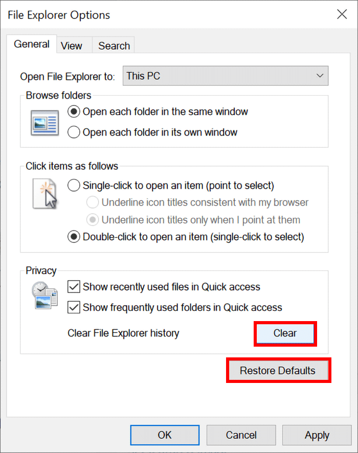 Clear file explorer history and restore defaults