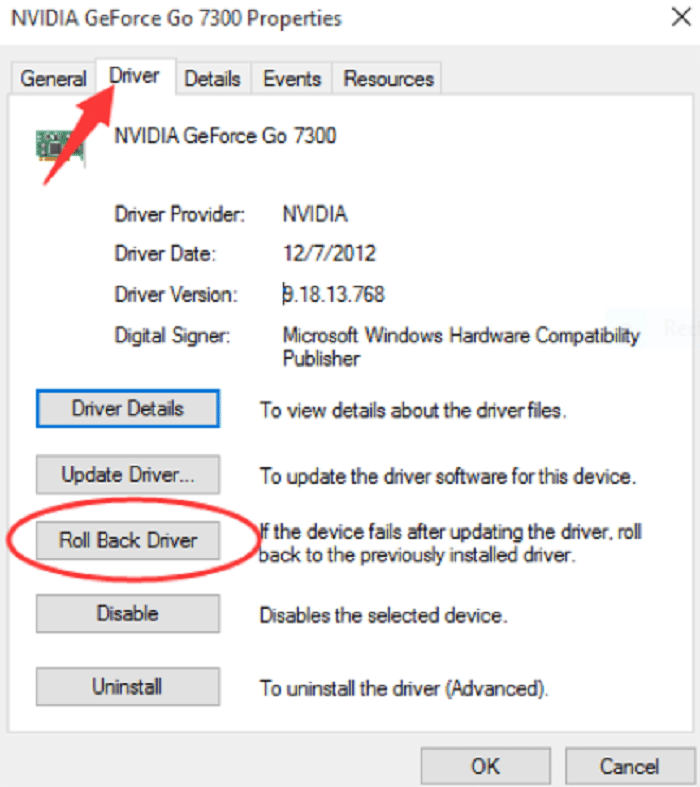 drivers tab select roll back driver