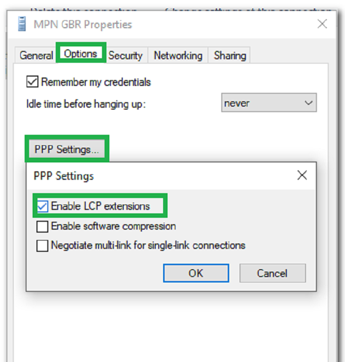 ppp settings (the l2tp connection attempt failed because the security layer encountered a processing error)