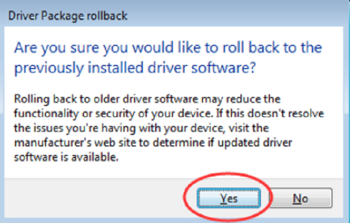 select yes to roll back driver (roll back nvidia drivers on windows 10)