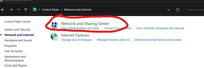 choose network and sharing center